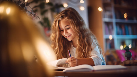 Adorable elementary school girl doing homework at home.の素材