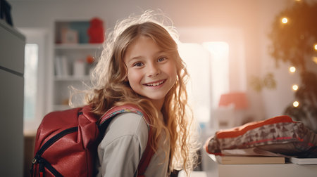 Happy little girl with school backpack ready for elementary school.の素材