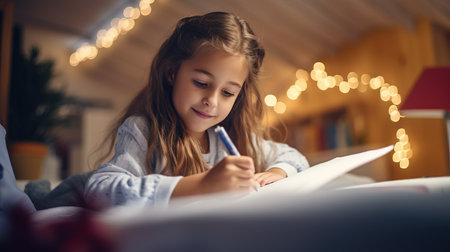 Adorable elementary school girl doing homework at home.の素材
