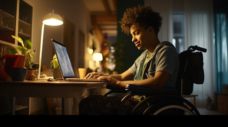Disabled dark skinned teenager working with laptop.の素材