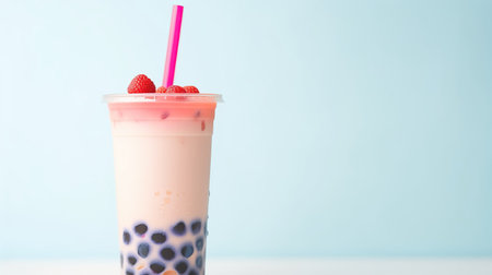 Asian sweet milk tea with tapioca bubbles, bubble-tea on solid pastel background.の素材