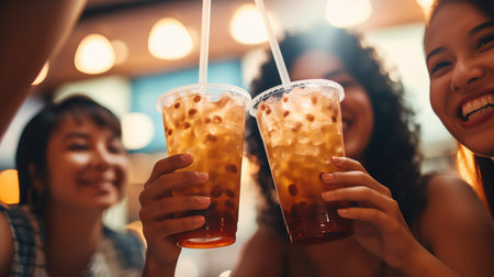 Young Asian people drinking tapioca bubbles milk tea.の素材