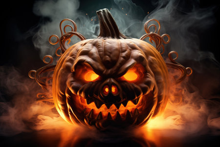 Big scary halloween pumpkin. Spooky burning inside pumpkin looking directly. Halloween spirit concept.の素材