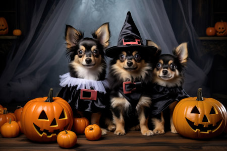 Three cute puppies in Halloween decorations wearing scary costumes.の素材