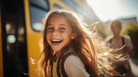Portrait of elementary school child sitting in school bus.の素材