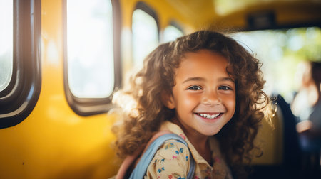 Portrait of elementary school child sitting in school bus.の素材