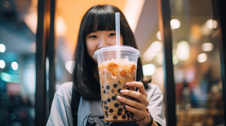 Young Asian people drinking tapioca bubbles milk tea.の素材