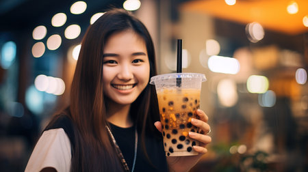 Young Asian people drinking tapioca bubbles milk tea.の素材