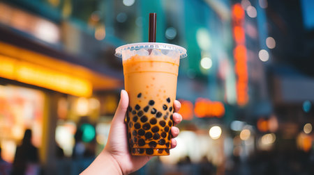 Closeup hand holding drink tapioca bubbles milk tea.の素材
