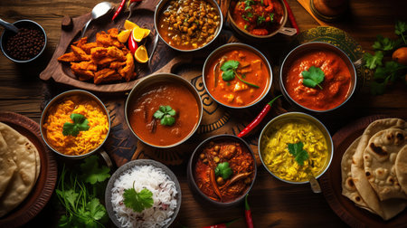 Various Indian food on wooden table surved with spices and vegetables. Rice, curry, chili peppers with delicious Indian dishes.の素材