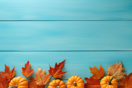 Autumn colorful pumkins on light blue wooden background. Harvest, fall time and halloween concept, post card, copy space.の素材