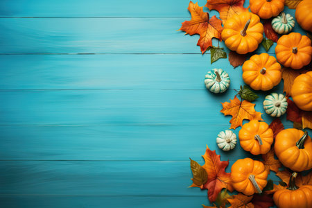 Autumn colorful pumkins on light blue wooden background. Harvest, fall time and halloween concept, post card, copy space.の素材