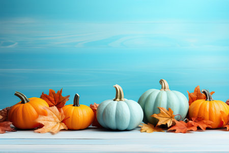 Autumn colorful pumkins on light blue wooden background. Harvest, fall time and halloween concept, post card, copy space.の素材