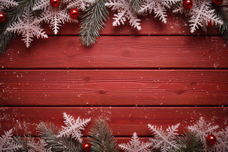 Christmas and new year frame composition, snow flakes and fir tree on red wooden background. Xmas celebration concept. Lay flat, copy space.の素材