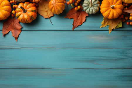 Autumn colorful pumkins on light blue wooden background. Harvest, fall time and halloween concept, post card, copy space.の素材
