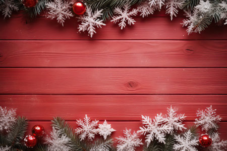 Christmas and new year frame composition, snow flakes and fir tree on red wooden background. Xmas celebration concept. Lay flat, copy space.の素材