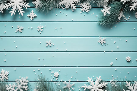 Christmas and new year frame composition, snow flakes and fir tree on blue wooden background. Xmas celebration concept. Lay flat, copy space.の素材