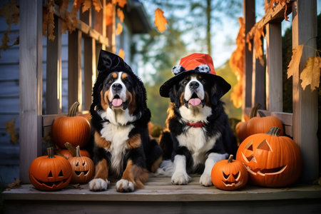 Cute dogs wearing Halloween costumes sitting on decorated porch. Animals behaving like people, Halloween spirit concept.の素材