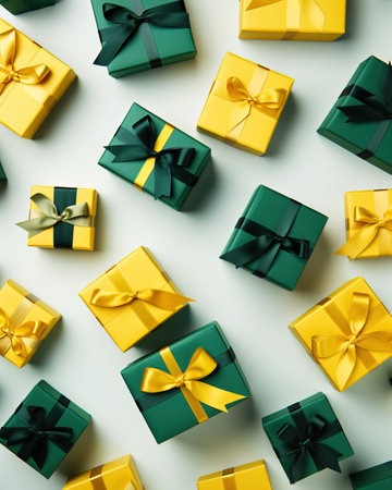 Golden and green gift boxes with ribbons top view flat lay.の素材