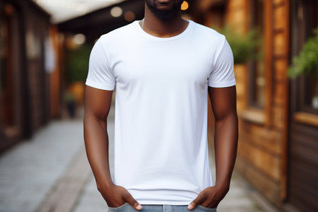 Dark skinned afro bearded man on backyard of his house wearing plain white t-shirt. mock up print designの素材