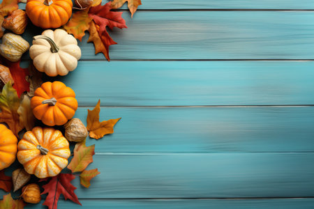 Autumn colorful pumkins on light blue wooden background. Harvest, fall time and halloween concept, post card, copy space.の素材