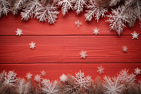 Christmas and new year frame composition, snow flakes and fir tree on red wooden background. Xmas celebration concept. Lay flat, copy space.の素材