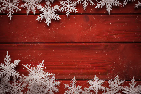Christmas and new year frame composition, snow flakes and fir tree on red wooden background. Xmas celebration concept. Lay flat, copy space.の素材