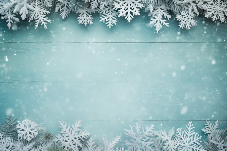 Christmas and new year frame composition, snow flakes and fir tree on blue wooden background. Xmas celebration concept. Lay flat, copy space.の素材