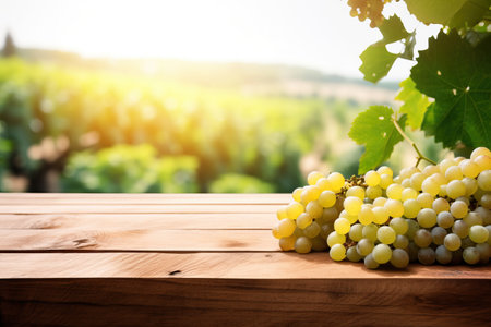Fresh juicy white vine grapes on rustic wooden table with blurred vineyard background, harvest concept, copy space.の素材