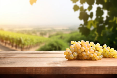 Fresh juicy white vine grapes on rustic wooden table with blurred vineyard background, harvest concept, copy space.の素材