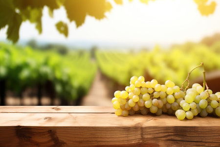 Fresh juicy white vine grapes on rustic wooden table with blurred vineyard background, harvest concept, copy space.の素材