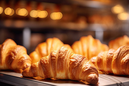 Crispy hot croissants, delicious dessert, displayed for selling in french bakery.の素材