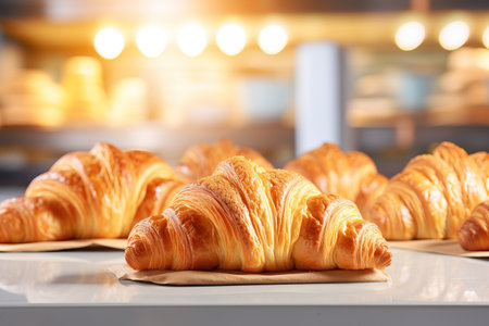 Fresh hot croissants in a row under warm light of cozy bakery. Traditional French dessert.の素材