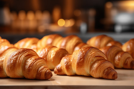 Fresh hot croissants in a row under warm light of cozy bakery. Traditional French dessert.の素材