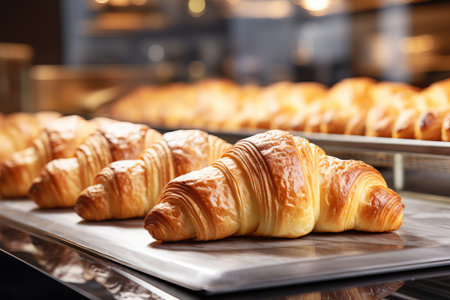 Fresh hot croissants in a row under warm light of cozy bakery. Traditional French dessert.の素材