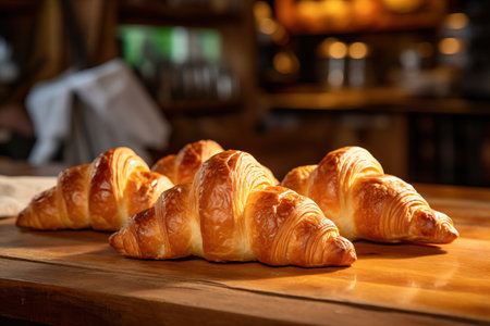 Fresh hot croissants in a row under warm light of cozy bakery. Traditional French dessert.の素材