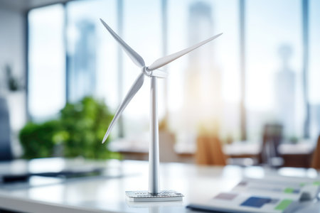 Miniature wind turbine model on office table in a brightly lit office room, eco electricity concept, alternative energy sources.の素材