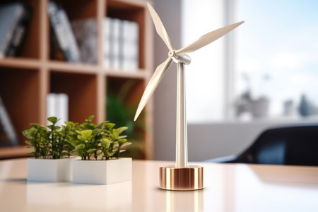 Miniature wind turbine model on office table in a brightly lit office room, eco electricity concept, alternative energy sources.の素材