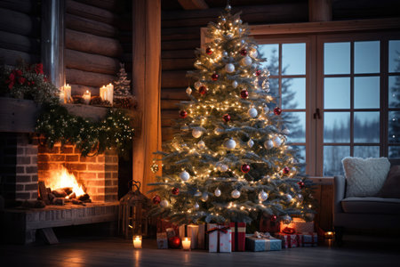 Festive Christmas interior home with huge decorated fir tree. Winter holidays in Scandinavian living room.の素材