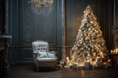 Festive Christmas interior home with huge decorated fir tree. Winter holidays in Scandinavian living room.の素材