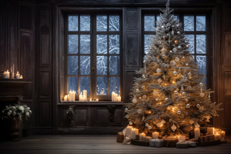 Festive Christmas interior home with huge decorated fir tree. Winter holidays in Scandinavian living room.の素材