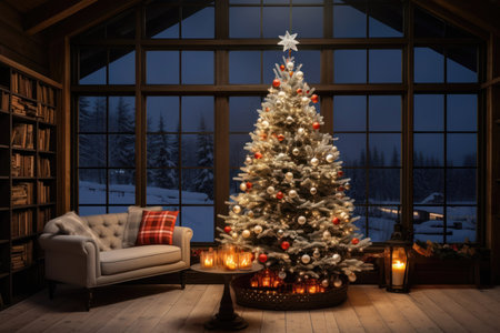 Festive Christmas interior home with huge decorated fir tree. Winter holidays in Scandinavian living room.の素材