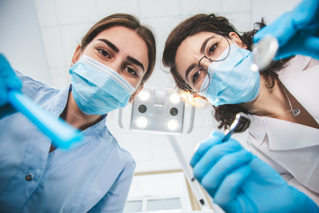 Two female dentists examining patients mouth from above using medical equipment, view from patients pointの写真素材