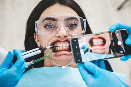 Patient in a dental chair with an open mouth receives treatment from the dentist while an assistant captures the process on a smartphoneの写真素材