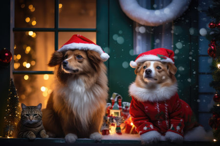 Snowy porch, dogs in Christmas attire. Furry companions in holiday costumes take a rest on the snow-covered porchの素材