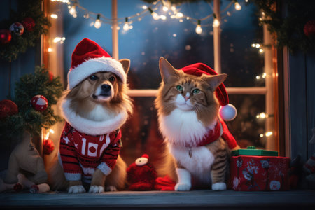 Canine holiday outfits, snowy porch. Two pets dressed in their finest Christmas costumes, share a joyful moment on the snow-draped porch of a beautiful home.の素材