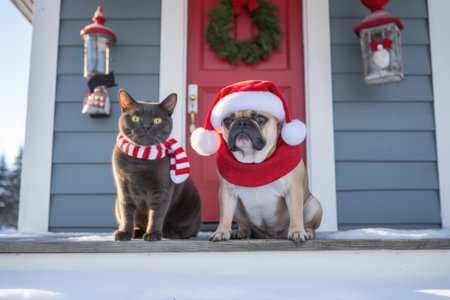 Snowy porch, cat and dog in Christmas costumes. Pets dressed in their finest Christmas costumes, share a joyful moment on the snow-draped porch of a beautiful home.の素材