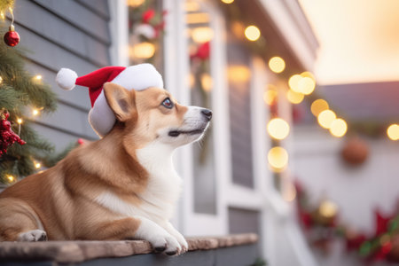 Adorable corgi dog, dressed in festive Christmas costume, sit on the snowy porch of a cozy house, spreading holiday cheer on a sunny frosty day.の素材