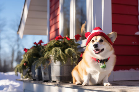 Adorable corgi dog, dressed in festive Christmas costume, sit on the snowy porch of a cozy house, spreading holiday cheer on a sunny frosty day.の素材