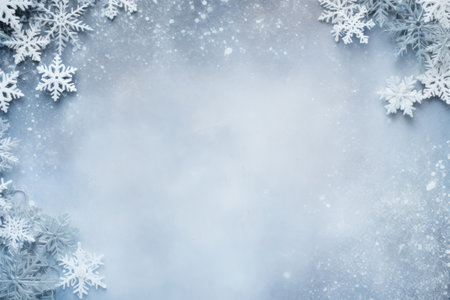 Top view Christmas snowflakes on light blue concrete background., with ample copy space for your holiday message or design.の素材